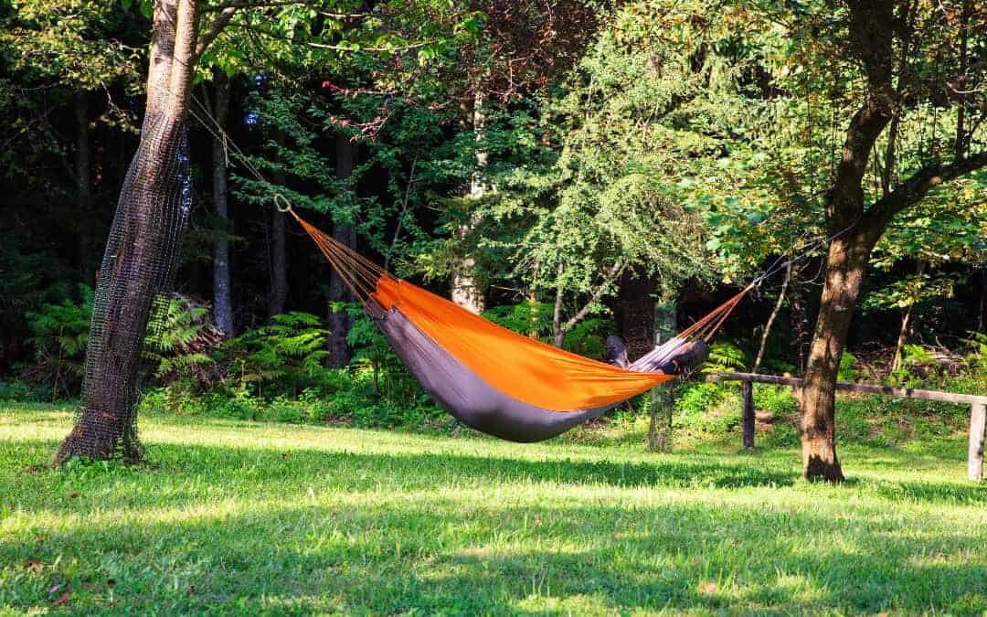 Ultimate Hammock Camping Guide Banner: An orange hammock hung between two trees in the wilderness.